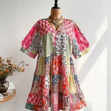 Plus Size Women's Bohemian Style Tea Party Daily Vacation Layered Doll Dress, V-Neck, Music Festival Party Outfit Elegant Summer - Multicolor - Ver 3
