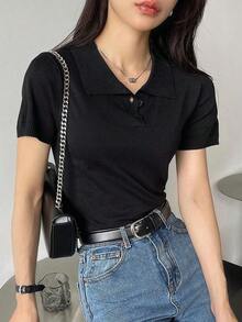 Blusa de punto de manga corta con contraste de rayas, casual de negocios - Negro - Ver 5