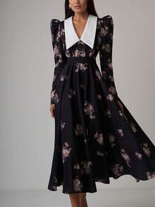 Vestido largo estampado vintage primavera 2026, cintura ajustada y corte amplio elegante - Negro - Ver 1