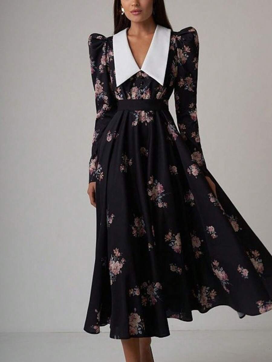 Vestido largo estampado vintage primavera 2026, cintura ajustada y corte amplio elegante - Negro - Ver 1