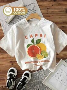 Camiseta Casual de Manga Corta con Cuello Redondo para Mujer Solt - 100% Algodón, Estampado de "CAPRI" y Cítricos, Negra con Detalles Naranjas, Transpirable, Ideal para Primavera y Verano, Lavable a Máquina, Camisetas para Mujer, Corte Relajado, Tela Suave, Ropa de Invierno para Mujer, Camiseta de Manga Corta con Estampado de Letras, Casual, Oversize, para Uso Diario y al Aire Libre. gráfico - Blanco - Ver 6