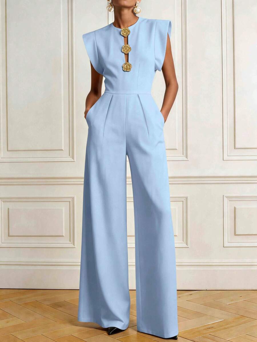 Bộ jumpsuit vải dệt màu trơn, thanh lịch, tối giản, cài cúc phía trước, khóa kéo và có túi, thích hợp mặc công sở mùa xuân/hè. - màu xanh nhạt - Xem 1
