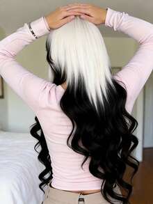 28 Inch Women's Cosplay Wig With Bangs - Black And White Ombre, Long And Loose Curly Hair, Heat Resistant Synthetic Fiber Wig, Easy To Style, Suitable For Cosplay, Party, And Daily Wear, Halloween - Multicolor - View 3