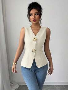 Blusa exterior con cuello en V ajustada con decoración de botones dorados con rosas - Albaricoque - Ver 5