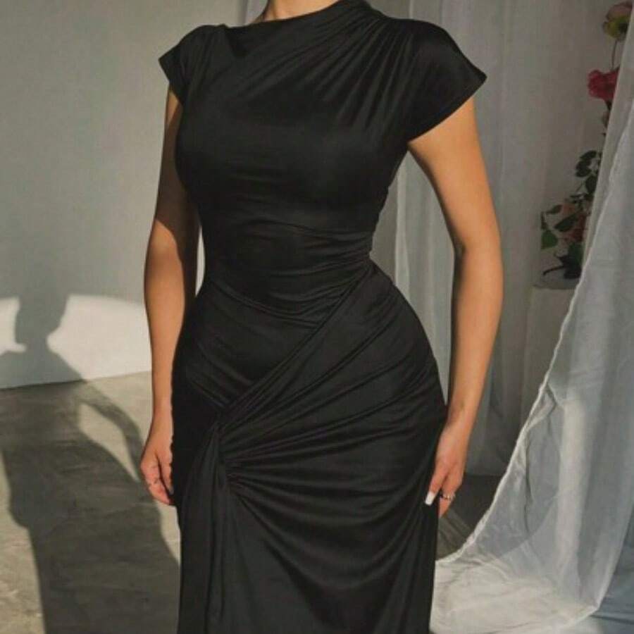 Brown Lace-Up Bandage Patchwork Ruffle Short Sleeve Dress Summer Elegant - Negro - Ver 1