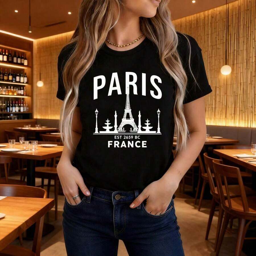 Camiseta de Mujer Oversize con Estampado Gráfico Retro de la Torre Eiffel de París, Diseño de Paisaje Urbano Francés, Uso Diario Casual, Corte Holgado, Lavable a Máquina, Elegante Top para Mujer | Top Casual para Uso Diario - Negro - Ver 1