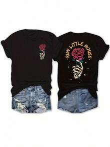 100% Cotton Women's T-Shirts 2026, Plus Size Skull, Hand, And Rose Print T-Shirt, Casual Short-Sleeved Round Neck Top For Spring And Summer, Korean Style Plus Size Women's Clothing - Black - View 5