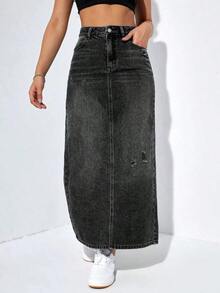 Falda larga de mezclilla desgastada para mujer - Negro 2 - Ver 6