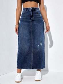 Falda larga de mezclilla desgastada para mujer - Azul lavado oscuro - Ver 7