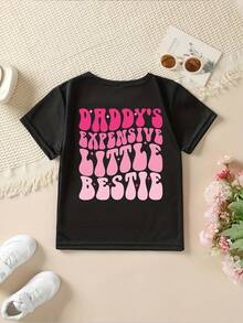 1 Piece Girls' Summer Short Sleeve T-Shirt "DADDY'S EXPENSIVE LITTLE BESTIE" With Heart And Candy Elements, Double-Sided Print, Versatile Casual Top NY-DX9014180g 100% Cotton - 黑色 - 查看 2
