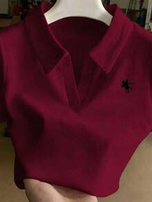 Camiseta de manga corta ajustada con cuello bordado para mujer - Burdeos - Ver 7