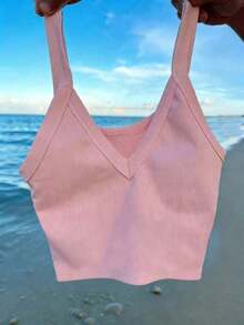 Top de tirantes corto de punto acanalado de unicolor minimalista para uso casual y diario de verano para mujeres - Rosa - Ver 1