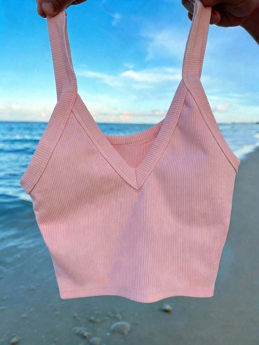 Top de tirantes corto de punto acanalado de unicolor minimalista para uso casual y diario de verano para mujeres - Rosa - Ver 1