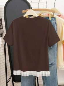 Camiseta de manga corta casual de mujer con dobladillo de volantes en contraste para el verano - Café integral 2 - Ver 2
