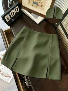 Falda casual versátil de cintura baja con abertura, falda gris, falda A-line de doble capa con bajo con abertura, falda casual de mujer, mini falda, falda corta ajustada de cintura alta con abertura, falda casual versátil para uso diario, r - Verde militar - Ver 5