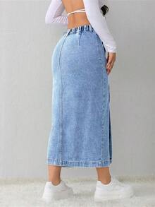 Tall Falda vaquera de mujer, casual, suelta, con abertura lateral, falda midi azul, falda larga para mujeres, falda azul claro, falda azul, ropa de invierno para mujer - Lavado ligero 3 - Ver 2