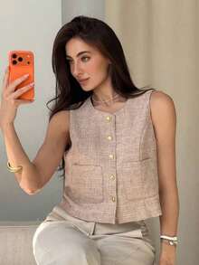 Chaqueta ajustada sin mangas de cuello redondo de unicolor para mujer, primavera y verano - Rosa - Ver 4