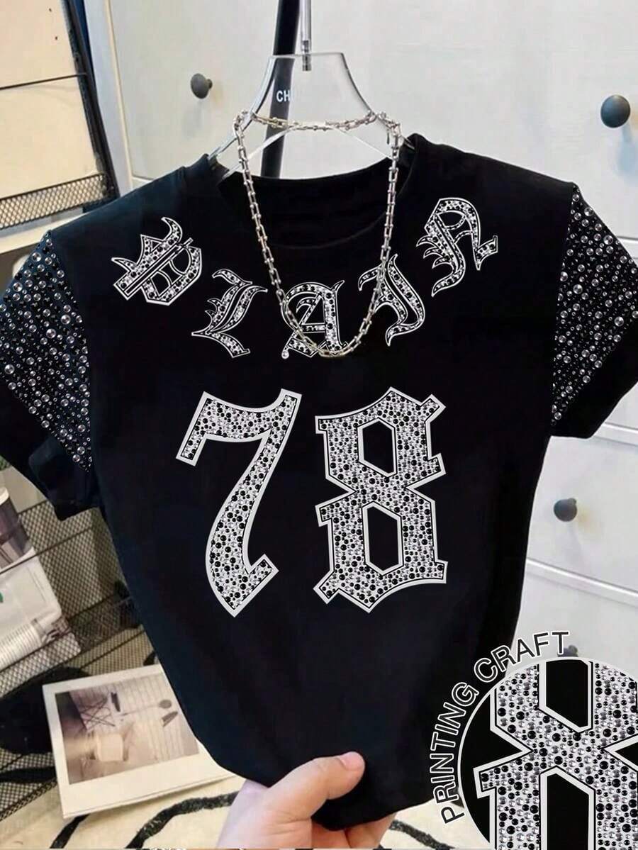 Camiseta de mujer con cuello redondo y bloque de color con pequeño estampado floral - Negro - Ver 1