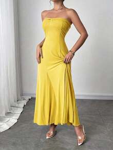Vestido casual y elegante de mujer de color verde menta con cinta y espalda descubierta.Tiene tres formas de usarlo, se puede combinar con diferentes atuendos, adecuado para salidas casuales diarias, vacaciones en la playa, fiestas en el jardín y - Amarillo - Ver 3