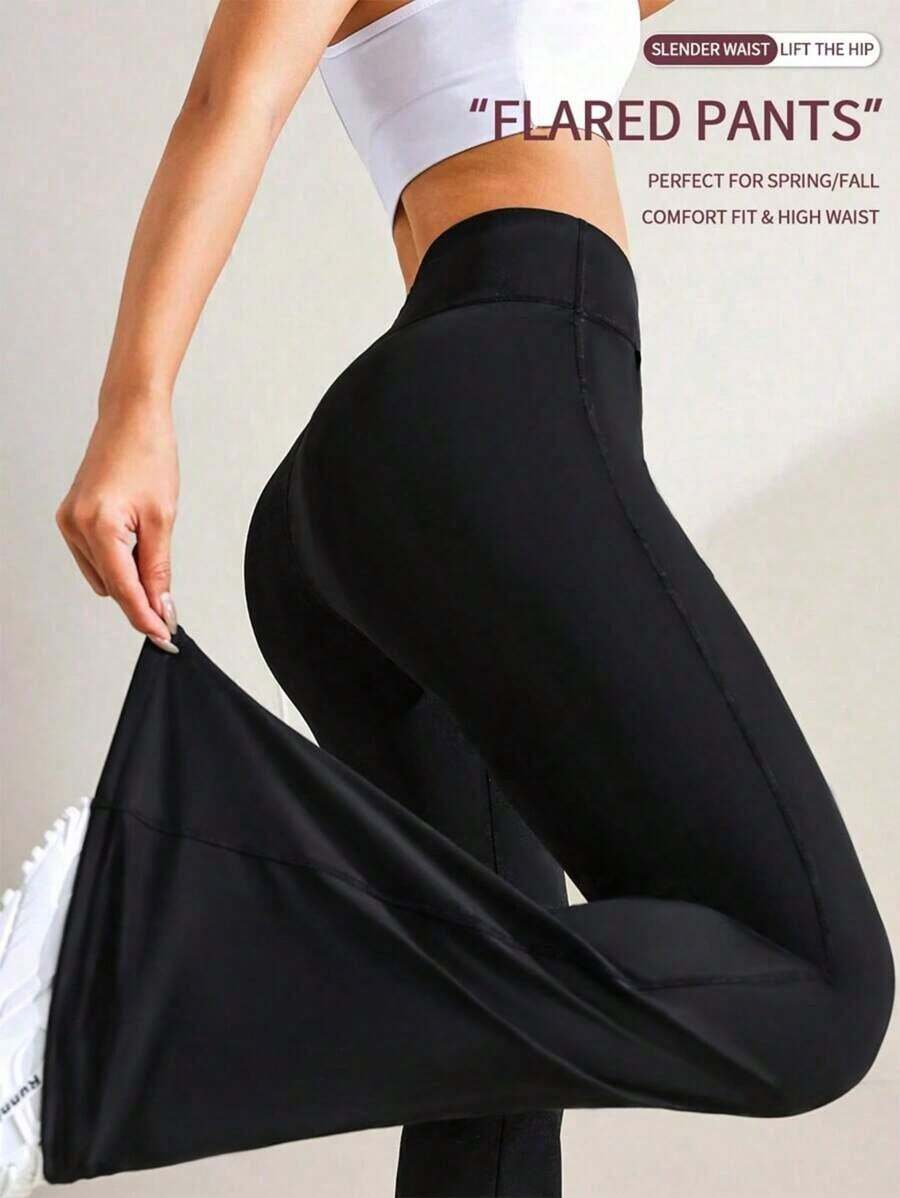 Pantalones acampanados de cintura alta de unicolor para mujer, leggings deportivos de yoga, pantalones ajustados de compresión, pantalones para correr y fitness, ropa de mujer, leggings de mujer, pantalones largos de verano para mujer primavera - Negro - Ver 1