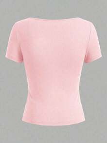 Blusa corta con cuello en V profundo y manga corta, estilo sexy Y2K para mujer, de tela elástica negra, adecuada para discoteca, fiesta, festival de música y estilo casual de calle en verano - Rosa - Ver 3
