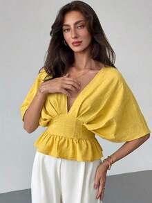 Blusa de manga de murciélago de unicolor elegante para mujer, de verano - Amarillo claro - Ver 3