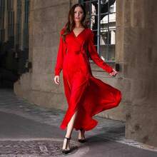 Women's Long Summer Dress With V-Neck And Side Slit, Fashionable And Elegant Design, Vibrant Colors And Loose Style - 紅色 - 查看 7