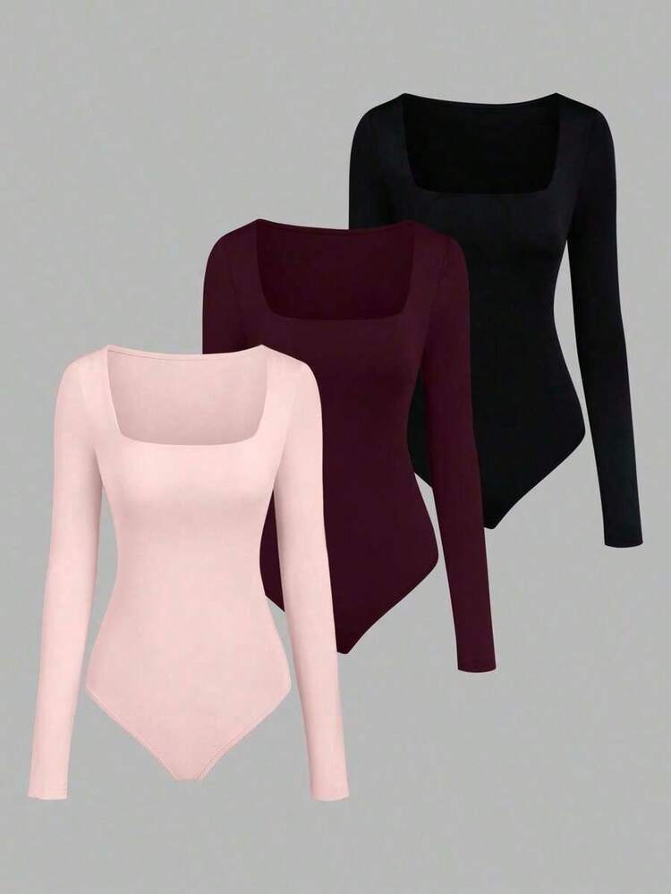 Sweetro Set de 3 bodys de manga larga para mujer en color albaricoque, marrón café y negro, de ajuste ceñido y estilo minimalista y versátil para el día a día - Multicolor 9 - Añade 3