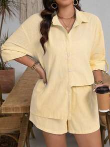 Embrisa Ropa de otoño para mujeres de talla grande, conjuntos de ropa escolar: camisa de rayas abierta al frente con mangas ajustables y conjunto de shorts para mujeres - Amarillo - Ver 3