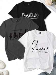 Set de 3 camisetas de manga corta y cuello redondo con estampado de letras inglesas y corazones, camisetas gráficas casuales de verano para mujer - Multicolor 8 - Ver 1