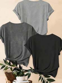 LUNE Set de 3 camisetas de tallas grandes con estampado de leopardo, corazón y lema gráfico, para verano - Multicolor 10 - Ver 2
