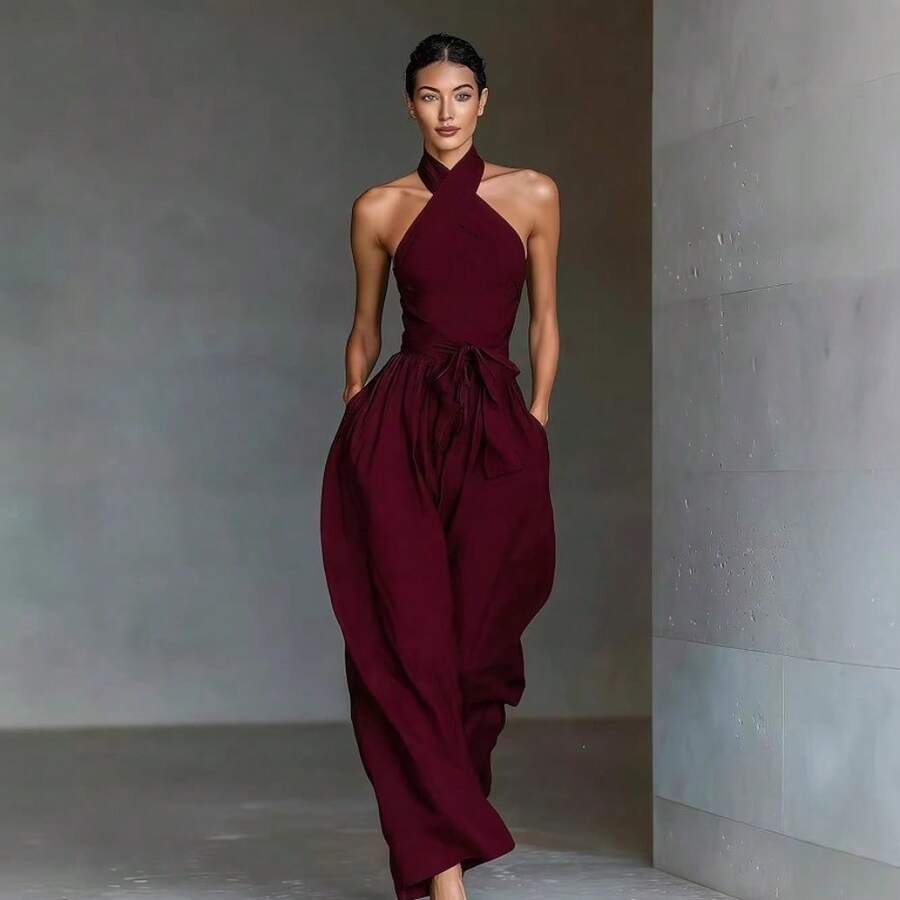 Nuevos pantalones de piernas anchas de moda con tirantes cruzados de tela de lino - Burdeos - Ver 1