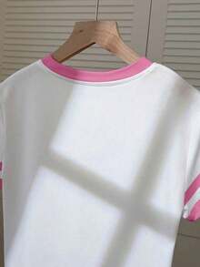 Camiseta de mujer de manga corta con cuello redondo, bloque de color, bordado de corazón a rayas y versátil - Blanco 6 - Ver 5