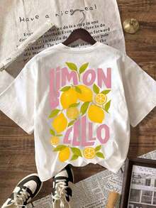Summer T-Shirts, Limon Cello Graphic T-Shirt, Casual Crew Neck Short-Sleeved T-Shirt For Women, Summer Beach Holiday Outfit, Cotton T-Shirt, Short-Sleeved Women's T-Shirt. - White - View 3