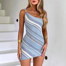 New Spring/Summer Asymmetrical Shoulder Stretch Print Slim Dress For Parties And Vacations - Light Blue - View 5