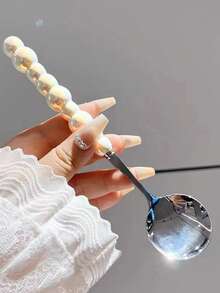 Elegant Stainless Steel Soup Spoon, Imitation Pearl Porcelain Handle, Oval Long Design,Reusable Dinner Spoon Perfect For Rice, Soup, Home Dining, Kitchen, Banquet And Daily Meal Use, Stylish Tableware Decor - Multicolor - View 4
