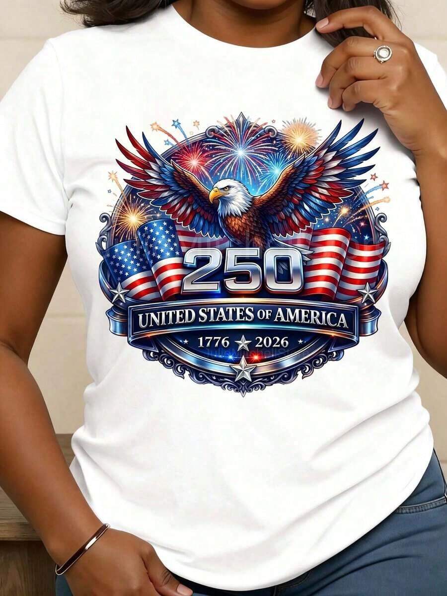 Women's Pure Cotton Casual Crew Neck T-Shirt, Eagle And Flag Print Design For The 250th Anniversary Of The United States Of America, Soft, Comfortable And Stretchy Fabric For Festive Celebrations And Everyday Wear In All Seasons. - 白色 - 查看 1
