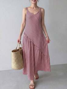 Vestido casual de mujer con tirantes finos y rayas - Rojo y blanco - Ver 1