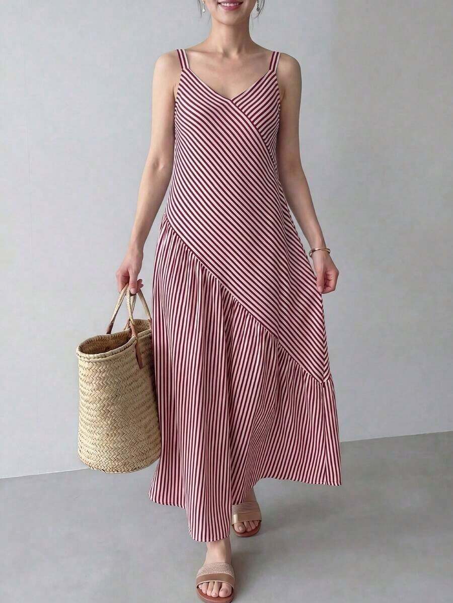 Vestido casual de mujer con tirantes finos y rayas - Rojo y blanco - Ver 1