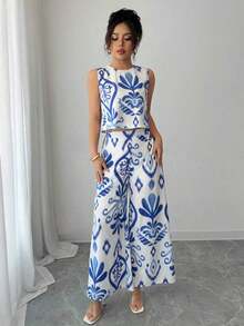 Set de 2 piezas con parte superior estampada de flores + pantalones anchos y sueltos de estilo vacacional de verano - Multicolor - Ver 5