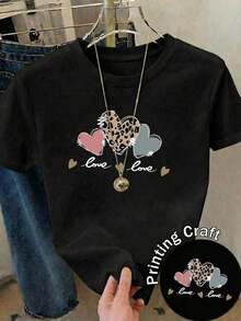 Womens Casual Black Short Sleeve Round Neck-shirt with Leopard Heart and Love Print Regular Fit Polyester Top blusas para mujer playeras de mujer blusas casuales para dama - Negro - Ver 3