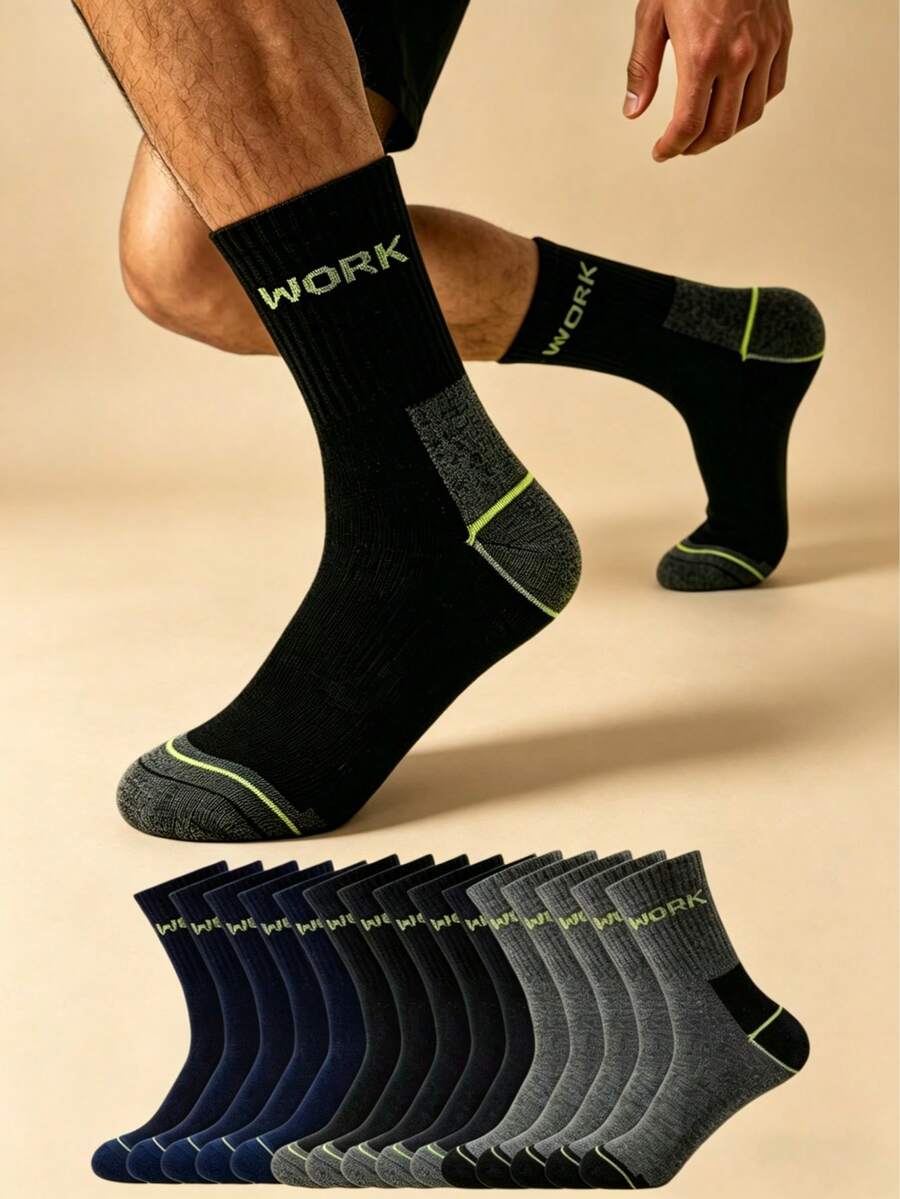 1/10/20/30 pares de calcetines de media caña con costillas y refuerzo en el talón y los dedos para hombres, con estampado de letras con tema de trabajo, adecuados para el trabajo diario y actividades al aire libre de los hombres, disponibles en varios colores