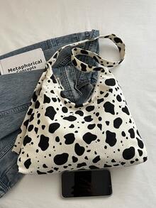 Minimalist Canvas Shoulder Bag With Cow Print, New Spring/Summer Design, Open Top, Adjustable Strap, Lightweight & Spacious, Suitable For Women's Daily, Commute And Student Use - White - View 5