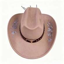 Women Men Embroidery Cowgirl Hat Wide Brim Cattle Head Belted Wool Hat Felt Jazz Cap For Party - 駝色 - 查看 2