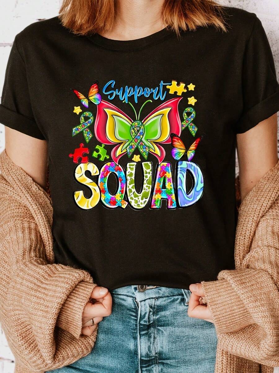 Elegant Daily Top ofrece camisetas estampadas con temática de autismo, camisetas casuales de manga corta y cuello redondo, y camisetas elegantes de moda para mujer de primavera/verano. - Negro - Ver 1