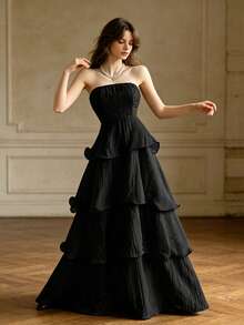 Vestido midi elegante para fiesta, sin tirantes, volantes, falda pastel, perfecto para verano y vacaciones - Negro - Ver 1