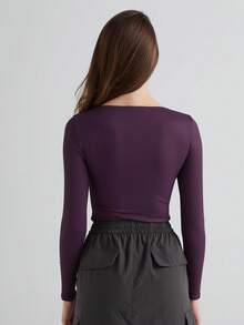 Women's Ribbed U-Neck Long Sleeve Bodysuit - Sculpting Stretch One-Piece Top For Casual, Lounge & Streetwear - Purple - View 5