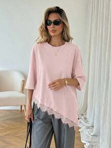 Camiseta casual de mujer con dobladillo asimétrico de encaje de unicolor, uso básico diario, blusa casual de primavera/verano para vacaciones de mujer, vacaciones de verano para mujer, primavera para mujer, vacaciones de primavera, top para ir - Rosa Pálido - Ver 5