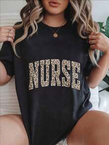 Camiseta Casual de Manga Corta para Mujer Estilo Vintage - Diseño con Estampado de Leopardo y Texto de Enfermera sobre Camiseta Blanca, Cuello Redondo, Top de Verano, Lavable a Máquina, Camisetas para Mujer, Ropa Casual, Estilo Moderno, Ajuste Cómodo  
 BlackFashion - Negro - Ver 7
