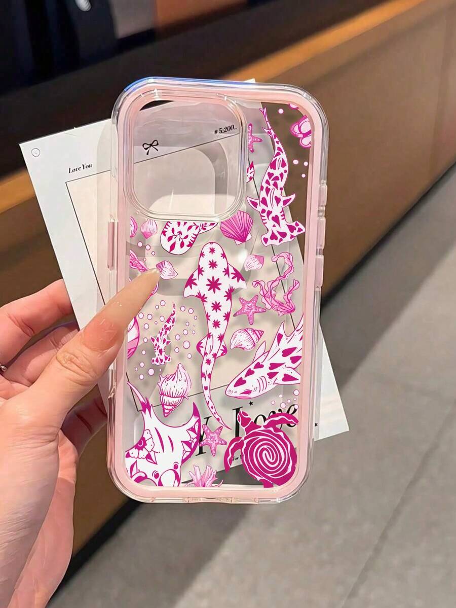 1pc Fashion Creative Full-Screen Pink Floral Whale, Sea Turtle, Shell, Starfish Pattern Phone Case, Dual-Color TPU Anti-Drop Soft Shell Compatible With Apple 11/12/13/14/14Plus/15/15Plus/16/16Plus/17/17Pro - Multicolor - View 1